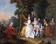 An elegant party in the countryside with a lady playing the harp and a gentleman playing the guitar, unknow artist